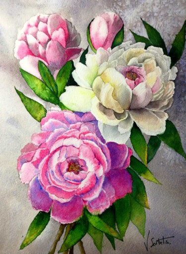 Peinture intitulée ""bouquet de pivoine…" par Valerie Sorbets, Œuvre d'art originale, Aquarelle