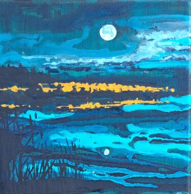 Peinture intitulée "Night on the lake" par V+V Kniazievi, Œuvre d'art originale, Acrylique