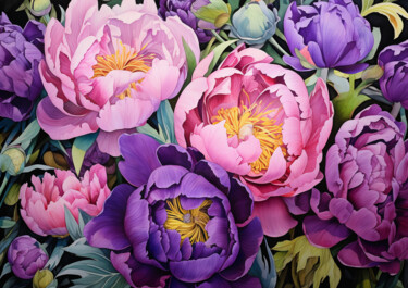 Painting titled "A FAMILY OF PEONIES…" by V+V Kniazievi, Original Artwork, Acrylic