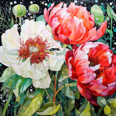 Painting titled "Meeting of peonies" by V+V Kniazievi, Original Artwork, Acrylic