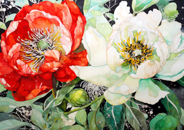 Peinture intitulée "Red and white flowe…" par V+V Kniazievi, Œuvre d'art originale, Acrylique