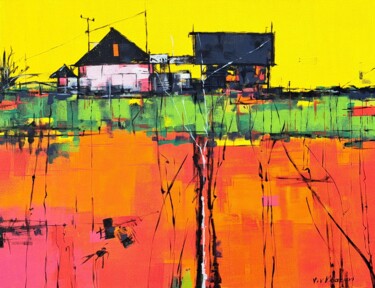 Painting titled "OLD HOUSES ON THE F…" by V+V Kniazievi, Original Artwork, Acrylic