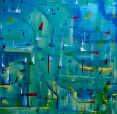 Peinture intitulée "Abstrait bleu-vert…" par Wilcox, Œuvre d'art originale, Huile Monté sur Châssis en bois