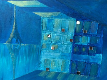 Painting titled "Blues in Paris" by Wilcox, Original Artwork, Oil Mounted on Wood Stretcher frame