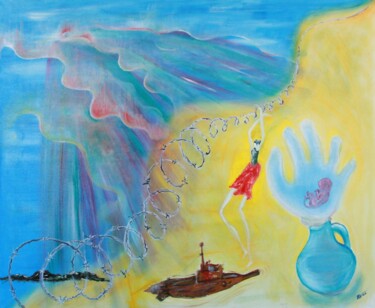Schilderij getiteld "Арал. Полярное сиян…" door Vaceslav Li, Origineel Kunstwerk, Olie