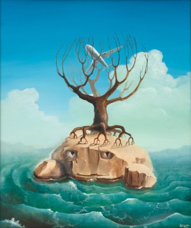 A tree growing on a living island catches a plane Ζωγραφική με τίτλο "A tree growing on a…" από Vyacheslav Nikiforov, Αυθεντικά έργα τέχνης, Λάδι
