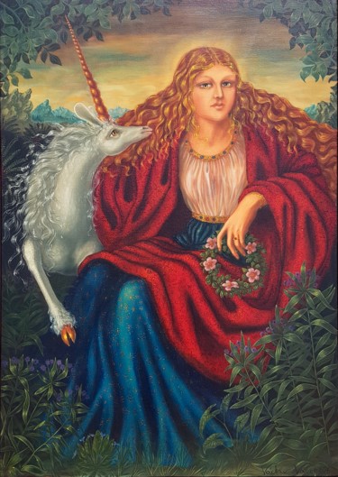 Картина под названием "Maiden and the unic…" - Vaclav Vaca, Подлинное произведение искусства, Масло