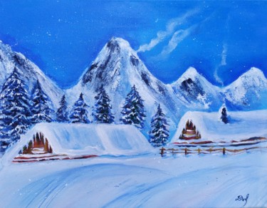 Painting titled "Alpine village" by Marina Dinin, Original Artwork, Acrylic Mounted on Wood Stretcher frame