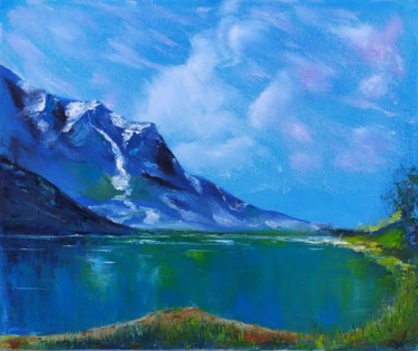 Painting titled "Alpine lake" by Marina Dinin, Original Artwork, Oil Mounted on Wood Stretcher frame