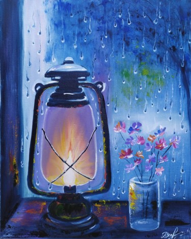 Painting titled "Rain outside the wi…" by Marina Dinin, Original Artwork, Acrylic Mounted on Wood Stretcher frame