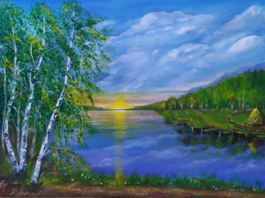 Painting titled "Summer morning" by Marina Dinin, Original Artwork, Oil Mounted on Wood Stretcher frame