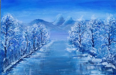 Painting titled "ice on the river" by Marina Dinin, Original Artwork, Acrylic Mounted on Wood Stretcher frame