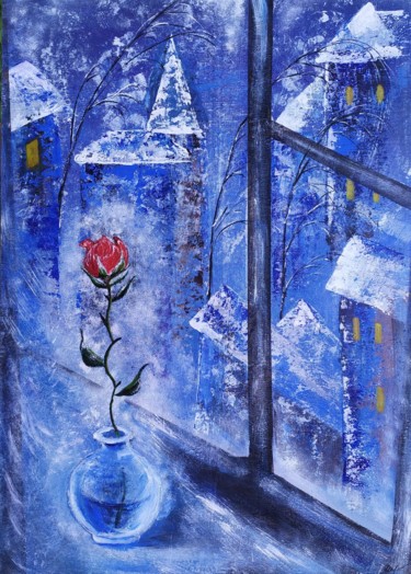 Painting titled "Winter outside the…" by Marina Dinin, Original Artwork, Acrylic Mounted on Wood Stretcher frame