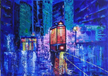 Painting titled "Night tram" by Marina Dinin, Original Artwork, Acrylic Mounted on Wood Stretcher frame