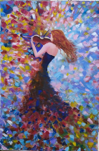 Painting titled "Girl with violin" by Marina Dinin, Original Artwork, Oil Mounted on Wood Panel