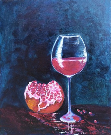 Картина под названием "Pomegranate and a g…" - Marina Dinin, Подлинное произведение искусства, Масло Установлен на Деревянна…