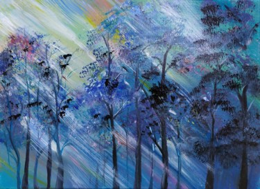 Painting titled "Rays in the forest" by Marina Dinin, Original Artwork, Acrylic Mounted on Wood Stretcher frame