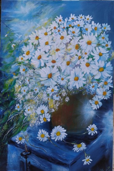 Painting titled "Forest daisies" by Marina Dinin, Original Artwork, Oil Mounted on Wood Stretcher frame