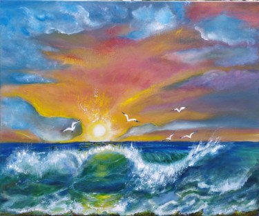 Painting titled "Seagulls over the w…" by Marina Dinin, Original Artwork, Acrylic Mounted on Wood Stretcher frame