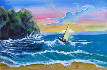 Painting titled "Brave boat" by Marina Dinin, Original Artwork, Acrylic Mounted on Wood Stretcher frame