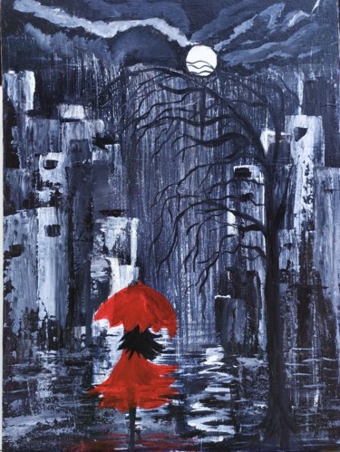 Painting titled "Girl with umbrella" by Marina Dinin, Original Artwork, Acrylic Mounted on Wood Stretcher frame