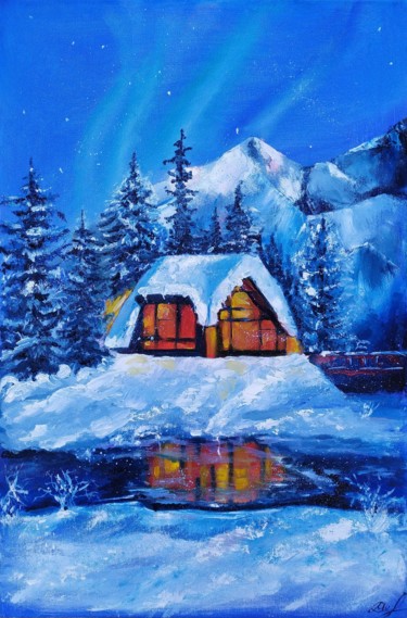 Schilderij getiteld "Christmas night" door Marina Dinin, Origineel Kunstwerk, Olie Gemonteerd op Frame voor houten brancard
