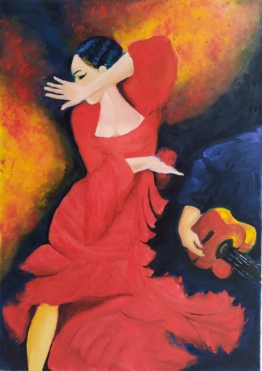 Painting titled "Carmen" by Marina Dinin, Original Artwork, Oil Mounted on Wood Stretcher frame