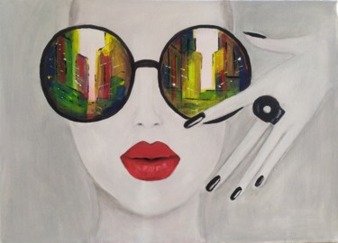 Painting titled "City view" by Marina Dinin, Original Artwork, Acrylic Mounted on Wood Stretcher frame