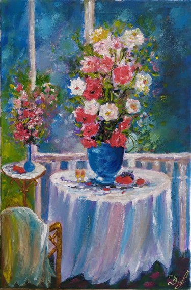 Painting titled "Summer garden" by Marina Dinin, Original Artwork, Oil Mounted on Wood Stretcher frame