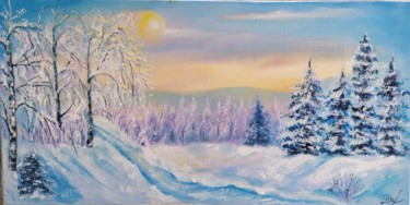 Schilderij getiteld "Winter road in the…" door Marina Dinin, Origineel Kunstwerk, Olie Gemonteerd op Frame voor houten branc…