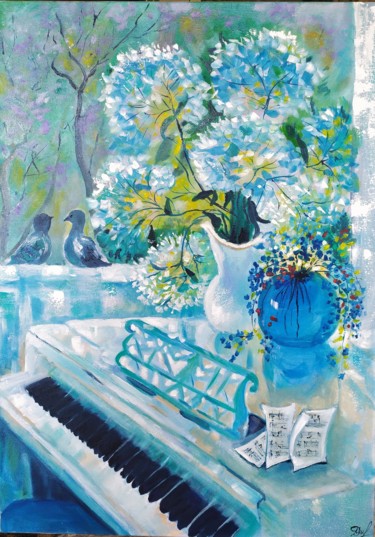 Painting titled "Spring melody" by Marina Dinin, Original Artwork, Oil Mounted on Wood Stretcher frame