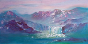 Painting titled "Waterfall" by Marina Dinin, Original Artwork, Oil Mounted on Wood Stretcher frame