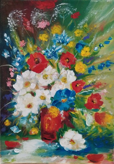 Painting titled "Bright bouquet" by Marina Dinin, Original Artwork, Oil Mounted on Wood Stretcher frame