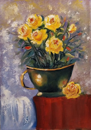 Painting titled "Tea roses" by Marina Dinin, Original Artwork, Oil Mounted on Wood Stretcher frame