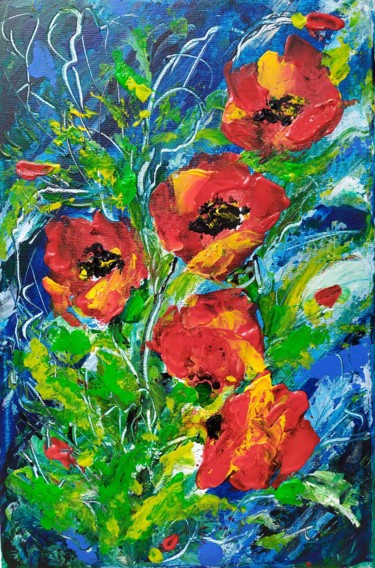 Painting titled "Poppies flowers. Wa…" by Marina Dinin, Original Artwork, Acrylic Mounted on Wood Stretcher frame