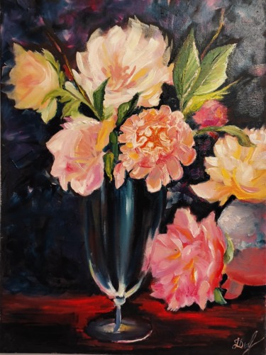 Painting titled "Peonies on black" by Marina Dinin, Original Artwork, Oil Mounted on Wood Stretcher frame