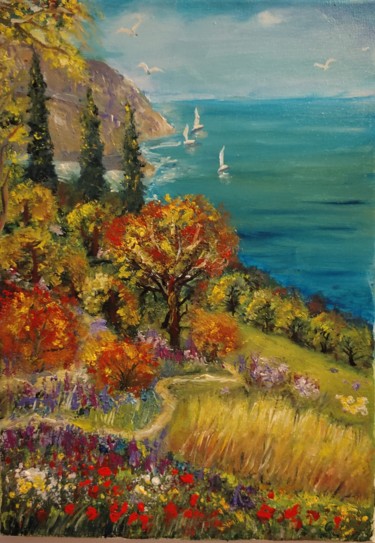 Painting titled "Path to the sea" by Marina Dinin, Original Artwork, Oil Mounted on Wood Stretcher frame