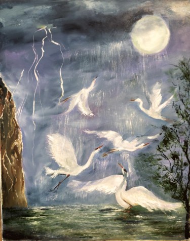 Painting titled ""Cranes". Victory D…" by Marina Dinin, Original Artwork, Oil Mounted on Wood Stretcher frame