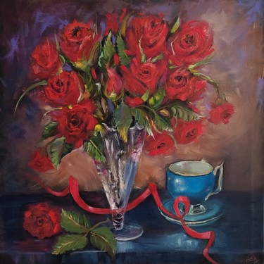 Painting titled "Scarlet roses with…" by Marina Dinin, Original Artwork, Oil Mounted on Wood Stretcher frame