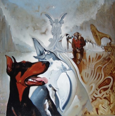 Pittura intitolato ",,DOBERMANE&GRAMOPH…" da Vadim Kovalev, Opera d'arte originale, Olio Montato su Telaio per barella in le…