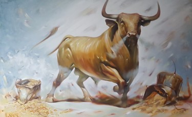 Painting titled ",,GOLDEN BULL,," by Vadim Kovalev, Original Artwork, Oil Mounted on Wood Stretcher frame