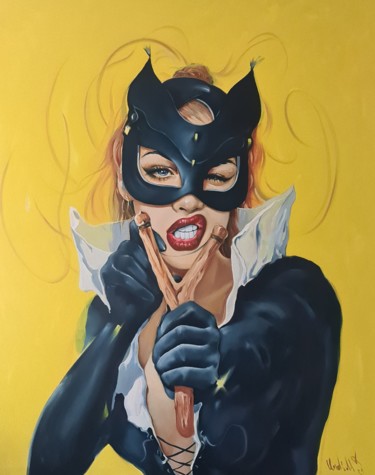 Painting titled ",,Catwoman,," by Vadim Kovalev, Original Artwork, Oil Mounted on Wood Stretcher frame