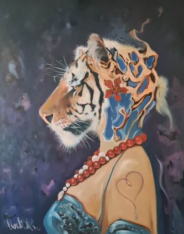 Painting titled ",,Tigress,," by Vadim Kovalev, Original Artwork, Oil Mounted on Wood Stretcher frame