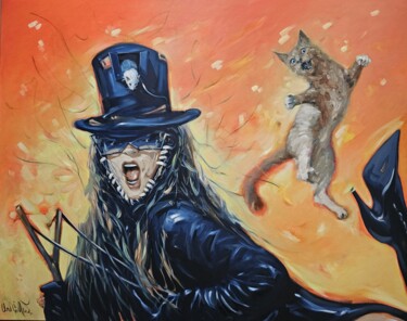 Painting titled ",,Catwoman, Scream,," by Vadim Kovalev, Original Artwork, Oil Mounted on Wood Stretcher frame