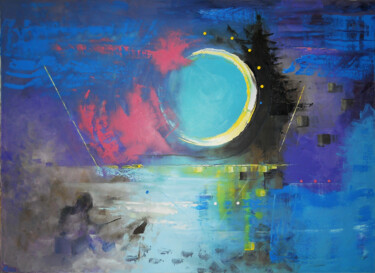 Картина под названием "Рыбак и месяц" - Vadim Stolyarov, Подлинное произведение искусства, Масло