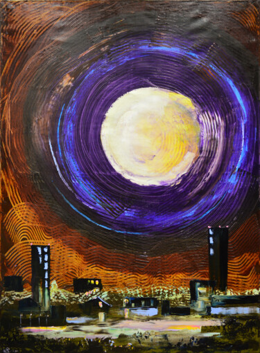 Картина под названием "Город под луной" - Vadim Stolyarov, Подлинное произведение искусства, Масло