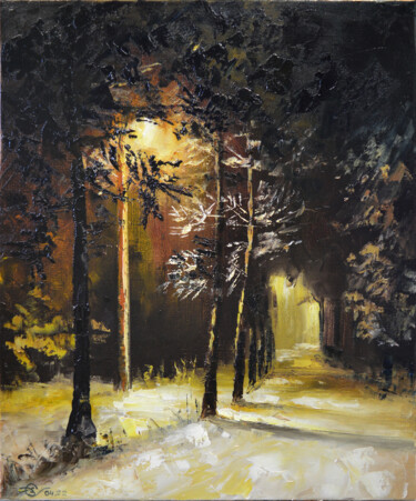 Painting titled "Зимняя ночная аллея" by Vadim Stolyarov, Original Artwork, Oil