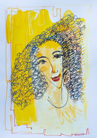 Drawing titled "Curly woman smiling" by Vadim Studenov, Original Artwork, Acrylic