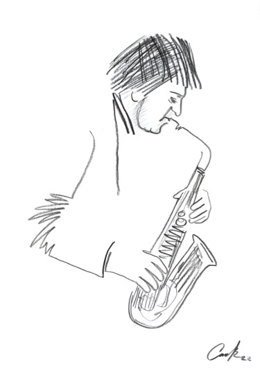 Disegno intitolato "Saxophonist. Street…" da Vadim Studenov, Opera d'arte originale, Matita