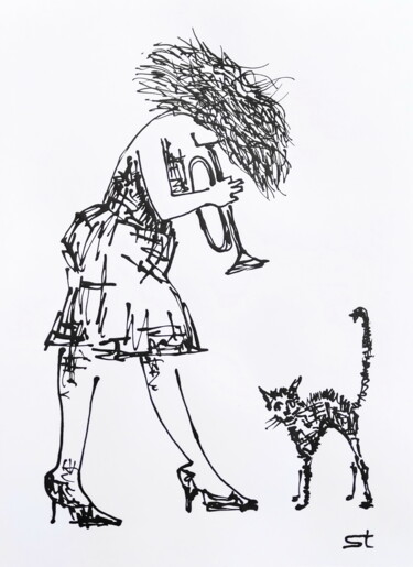 Drawing titled "Duet with a cat" by Vadim Studenov, Original Artwork, Acrylic